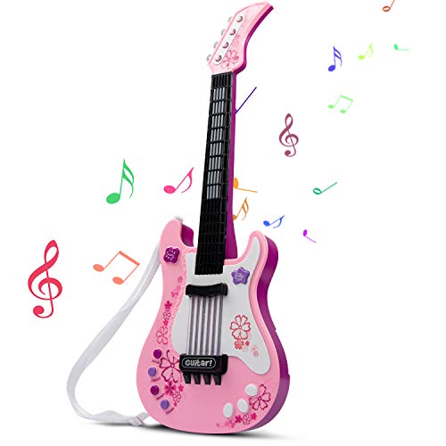 SAOCOOL Kids Guitar, Electric Guitar for Girls with Colored Lights Effect, No String Multifunction Musical Guitar Educational Toy for Girls and Boys (Pink)