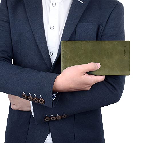 Image of VISOUL Leather Checkbook Cover Wallet for Men with RFID Blocking, Mens Long Bifold Cash Tall Wallet with 11 Credit Card Slots 1 ID Window (Olive Green)