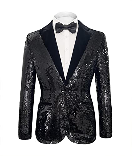 Cacycasa Men's Daily wear Wedding Prom Party Sequined Tuxedo Suit Jacket Blazers(Black，Small