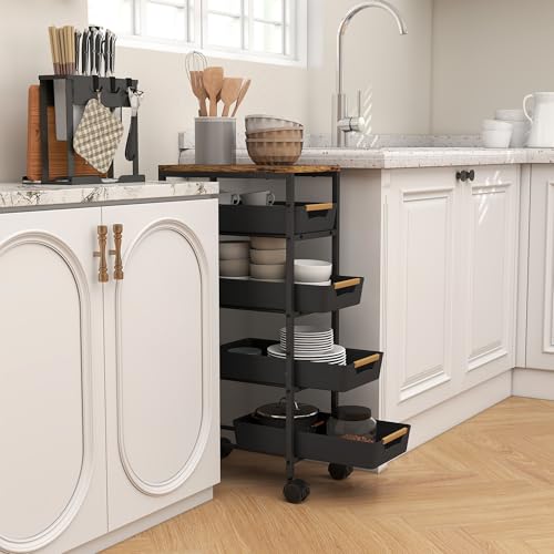 HOMCOM Carro de Cocina de Almacenamiento de 5 Niveles Carrito Auxiliar con Ruedas Tablero Efecto Madera y 4 Cajones Extraíbles Carrito de Cocina para Comedor Salón 39,5x24x82 cm Negro - imagen 5