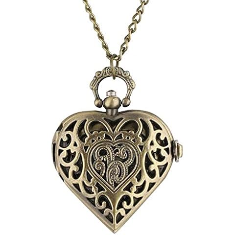 Romantic Heart Shape Quartz Pocket Watch Bronze/Silver/Black Necklace Pendant Chain Ladies Watch Souvenir Gifts for Girls Women,Bronze Cover