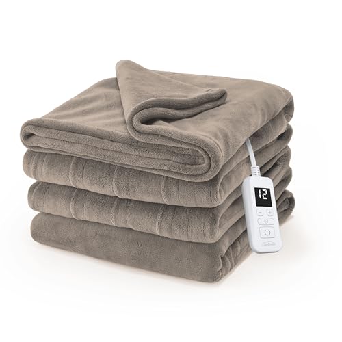 Sunbeam Electric Royal Luxe Microplush Heated Blanket, 12 Heat Settings, 12-Hour Auto Shut-Off, Fast Heating, Warm & Cozy, Machine Washable, Mushroom Color, Full (84