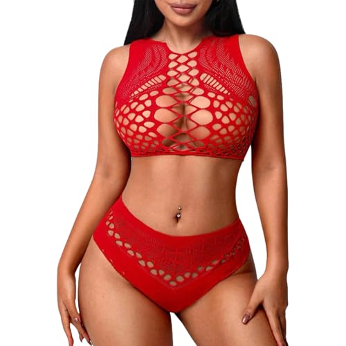 Fishnet Lingerie Sets for Women Sexy Two Piece Sleeveless Crop Top Bra and Panty Set Club Rave Outfits Swimsuit Cover Up Set