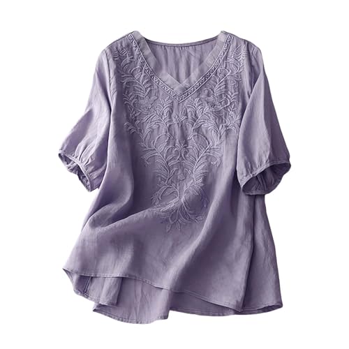 Blusa bordada de lino y algodón para mujer, diseño de botones de manga corta, estilo campesino, bohemio, mexicano, camiseta casual para uso diario y salidas, Y2-morado, M