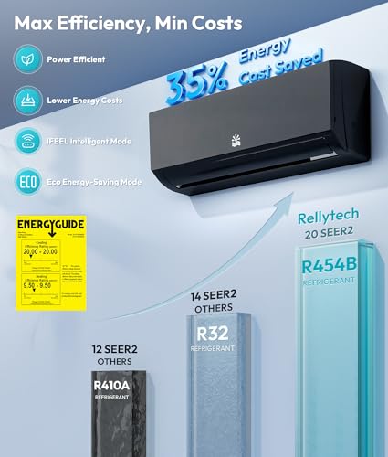 Image of Rellytech Mini Split AC /Heating System - 12000 BTU Wifi Mini Split AC Unit Inverter Heating and Cooling, 20 SEER2 115V Energy Efficient Air Conditioner Up to 750sq.ft, Installation Kit, Black