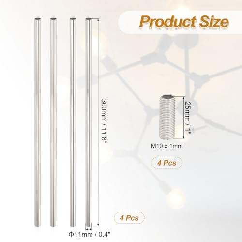 Image of PATIKIL Threaded Extension Rod, 4 Sets 12 inch M10 x 1mm Fine Thread Lamp Pipe with Lamp Pipe Nipples for Pendant Light Island Lighting Chandeliers Stems, Light Silver