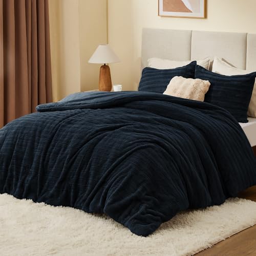 Image of BEDELITE Fleece Queen Comforter Set -Super Soft & Warm Fluffy Navy Faux Fur Bedding, Luxury Fuzzy Heavy Bed Set for Winter with 2 Pillow Cases