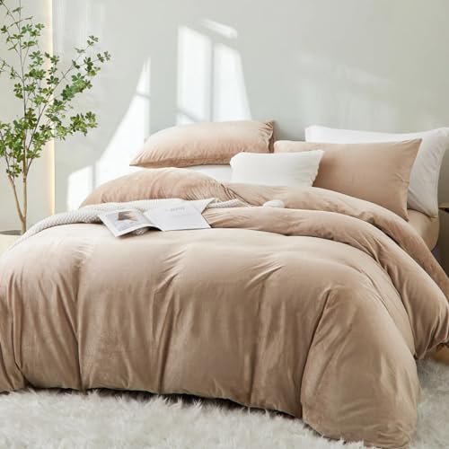 Lanqinglv Flannel Fleece Duvet Cover Set Single Beige Velevt Cozy Thick Teddy Bedding Sets for Girls Teens,Warm Winter Quilt Cover with Zipper Closure and 1 Pillowcase 50x75cm - Image 2