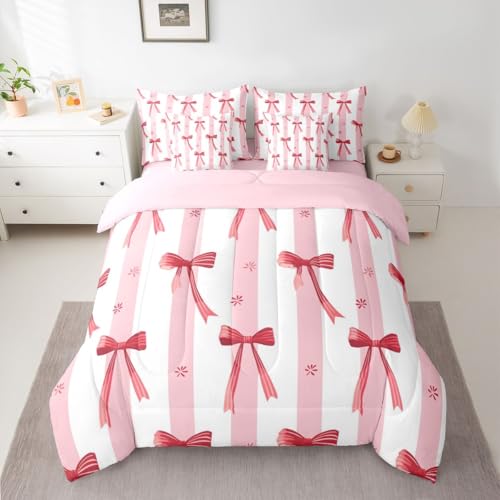 Image of Kawaii Bow Tie Full Size Bed Sheets and Comforter Set | Princess Bow 7-Piece Bedding Set Cute Ribbon Bowknot Bed in a Bag, Dreamy Pink Stripes Bed Sets