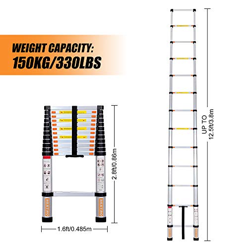 BEETRO 12.5ft Aluminum Telescoping Ladder, Extension Folding Ladder, Multipurpose Ladder for Roofing Business, Outdoor Working, Household Use and More, 330 LB Capacity