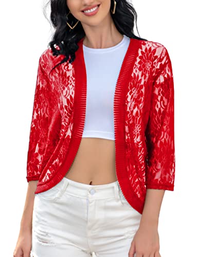 Image of FindThy Women's Floral Lace Shrug Cardigan 3 /4 Sleeve Crochet Bolero Jacket
