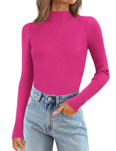 Image of ATHMILE Women's 2026 Fall Long Sleeve Pullover Ribbed Knit Sweater Low Mock Neck Slim Fit Basic Casual Tee Tops