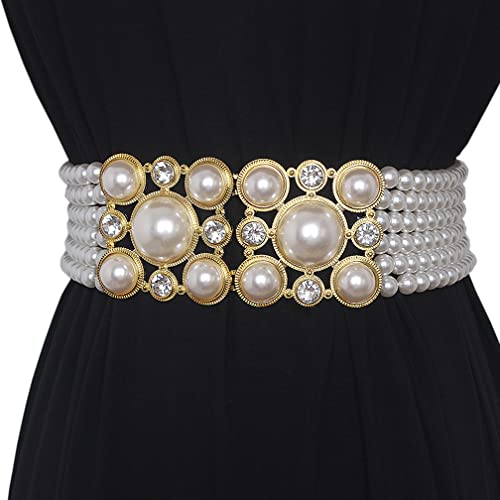 Wide Pearl Belts Gift for Women Wedding Stretchy Sash Belt for Dress Crystal Rhinestone Corset Off White Waist Chain