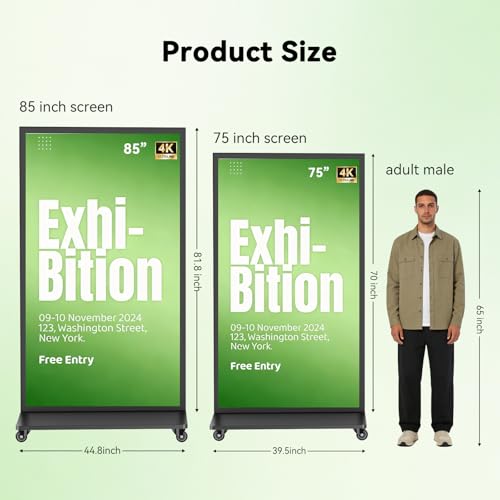Image of 85-inch Full Screen Digital Signage Display, 4K UHD Floor Standing Kiosk with Heavy-Duty Wheels, Android 11 OS Smart Advertising Poster Media Player for Retail, Business, Restaurant, Hotel