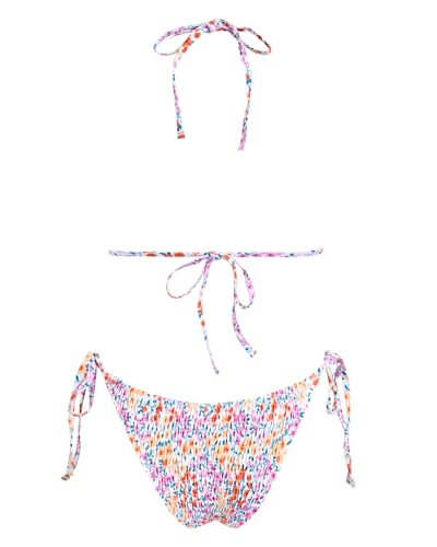 Image of Women's Triangle Bikini Set String Swimsuit Print Tie Smocked Ruched Two Piece Bathing Suit