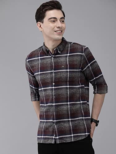 Image of THE BEAR HOUSE Men's Cotton Grey & Maroon Checks Slim Fit Shirt | L |TBH-Albion-GY-L |