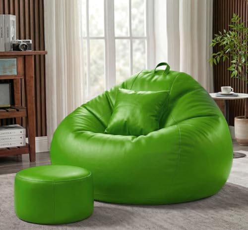 Image of Sattva Classic 3XL Bean Bag Chair with Beans Filled | Sofa Style Faux Leather Beanbags with Footstool & Cushion | Comfortable Bin Bags Sofa for Adults & Teens, Living Room & Office | Neon Green