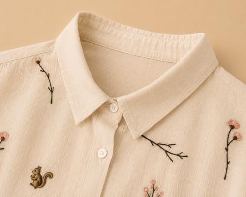 Image of Gufrina Women Designer Botanical Embroidered Korean Style Shirt | Button Down Relaxed Fit | High Low Hem Three Quarter Sleeve | Casual Smart Top-Shirt