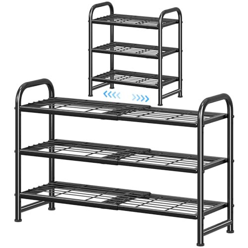 Image of Simple Trending 3-Tier Expandable Shoe Rack, Adjustable & Stackable Shoe Organizer, Heavy Duty Metal Free Standing Shoe Shelf Storage for Closet Entryway Doorway, Black