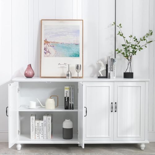 Scurrty 62\'\' Coffee Bar Cabinet Kitchen Buffet Storage Cabinet, Buffet Cabinet Bar Cabinet with Storage, Sideboard Buffet Cabinet for Dinning Room, Kitchen & Living Room (4 Doors, White) - Thumbnail 4