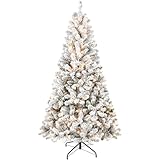 Liguanow 5ft Snow Flocked Christmas Tree, Pre-lit Artificial Holiday Christmas Tree with 150 Lights, Indoor & Outdoor Christmas Tree with 407 Branch Tips, Metal Stand