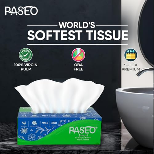 Image of PASEO Smart 2 Ply Facial Tissue Box | Packf of 4, 100 Pulls, 800 Sheets | Ultra Soft And Highly Absorbent | 100% Virgin & OBA Free | Car Tissue, Home, Bathroom & Office Use