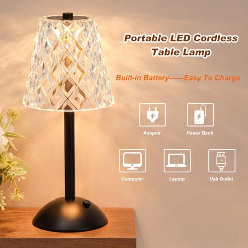 Image of Liliful 2 Pcs Cordless Table Lamp Rechargeable Touch LED Small Gold Portable Battery Operated USB-c Desk Lamp 3 Color Dimmable for Bedroom Living Room Dining (Black,Diamond Style)
