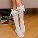 White Women Girl's Fashion Knee High Socks with Bow Womens Lace Ruffle Knee High Socks Girls Kawaii Lolita Stockings Cotton Bow Style Frilly Long Sock for Daily Wear Dating Performances Parties