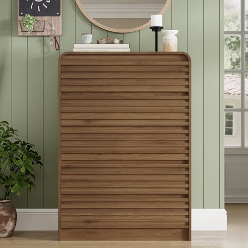 Image of 5 Drawer Dresser for Bedroom, 45 inch Tall Fluted Dresser with Curved Edge and Ergonomic Handleless, Large Wooden Clothes Storage Organizer, Modern Chest of Drawers for Closet, Living Room, Walnut