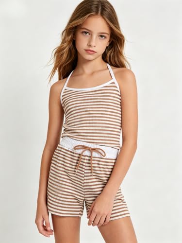 Image of Size 7-14Y Girls Clothes 2 Piece Outfits Striped Tank Top Drawstring Shorts Teen Girls Summer Clothing Sets