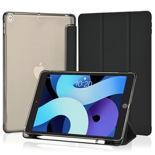 4UBonLife Cover Per iPad 9a/8a/7a Generazione 10,2 Pollici 2021/2020/2019 con Portapenna, Custodia Protettiva Sottile con Retro Rigido Traslucido Guscio Case per iPad 7/8/9, Nero