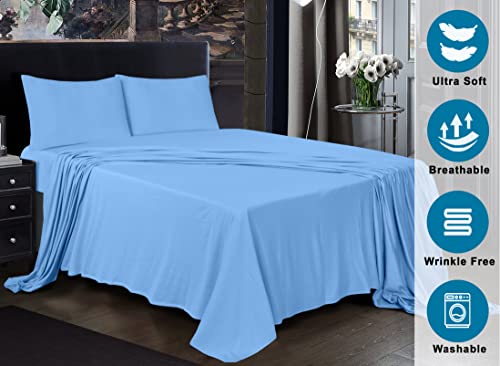Ruvanti Jersey Knit Sheets Set 100% Cotton 4 Pcs, King Size Sheets Blue, Super Soft, Stretchy, Wrinkle Resistant, All Seasons, Deep Pocket, Bed Sheets Include Flat,Fitted Sheet, 2 Pillowcases #TOP3
