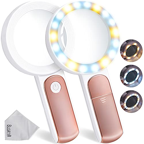 BUSATIA Loupe grossissante 30 x, 18 LED, Grande loupe de Poche avec lumière, 100 mm, 3 Modes, loupe Lumineuse pour Lecture, Loisirs (Blanc + Or Rose.)