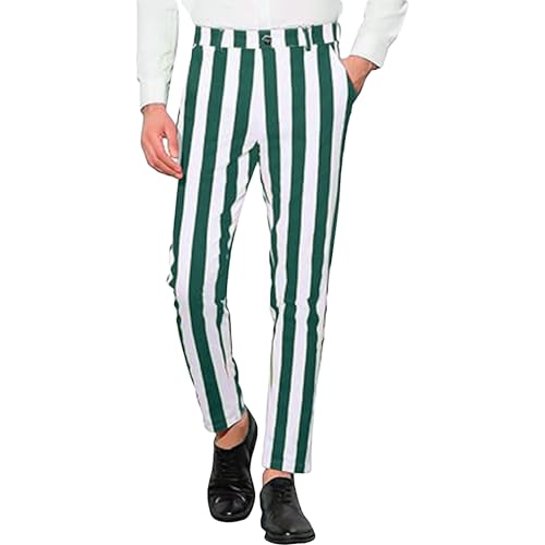 Men’s Striped Slim Fit Dress Pants Flat Front Pinstripe Suit Trousers Casual Skinny Fit Striped Business Pants