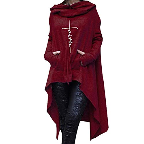 Enfei Women Faith Print Sweatshirt Hoodie Loose Casual Outwear Hoody Hoodie Long Sleeve Pullovers Irregular Hem (Red, XX-Large)