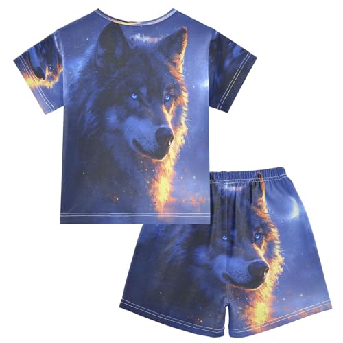 ALAZA Wolf Moon Magic Pajamas Set Short Sleeve Cotton Sleepwear Summer Pjs 2 Piece 5-14Y2