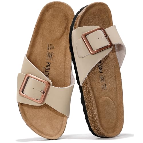 Project Cloud 100% Genuine Leather Sandals Women Dressy Beach Essentials Slides for Women Footwear-Lightweight with Memory Foam Insole Sandals for Women 2026-Womens Slides (Ibiza, Nude, 9)