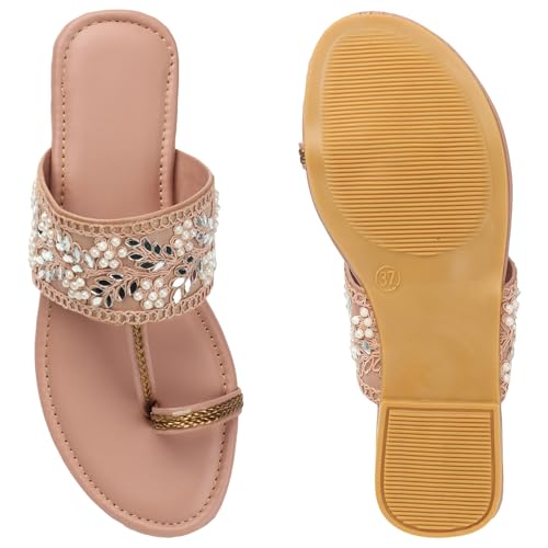 Image of Naitik Women's Kolhapuri Stylish Casual Flat Sandals, Ethnic Flat Chappals for Party & Occasions(Peach)