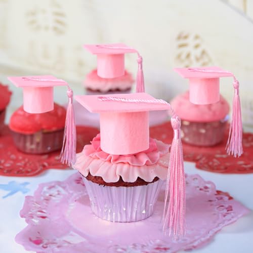 Ephlyn 24Pcs 2026 Graduation Cap Cupcake Toppers DIY 3D 2026 Congrats Grad Cap Cupcake Picks with Green Tassels for 2026 School Boys Girls Graduate Party Cake Decorations Supplies Pink by Ephlyn - Used condition - Image 6