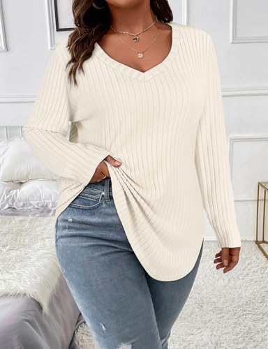 Image of Koscacy Women Plus Size Casual Knit Sweater V Neck Solid Color Tops Lightweight Long Sleeve Blouses