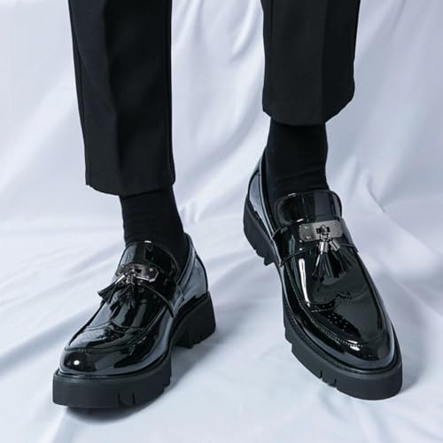 Mens Faux Patent Leather Tassel Slip-On Dress Loafers with Brogue Modern Wingtip Platform Lug Sole Penny Shoes for Business Party Formal 6