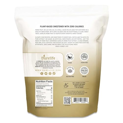 DureLife Durelife Organic 100% Pure Monk Fruit sweetener, No Erythritol, Monkfruit Extract Powder, USDA organic NON-GMO Project Verified, Keto Certified, OR kosher No Fillers Zero Calorie S