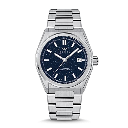 Image of Automatic Mechanical Wrist Watch for Men with Star Dust Dial, Fashion Self-Winding Watches for Men Stainless Steel Waterproof Luminous Sapphire Crystal Mens Watches with Auto Date (Silver)
