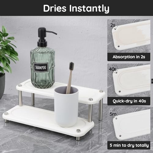 Image of Segbeauty 2 Tier Instant Dry Counter Organizer, 11x4.3in Quick Dry Diatomaceous Earth Stone Drying Tray, Water Absorbing Stone Fast Drying Countertop Rack Sponge Soap Holder for Kitchen Bathroom White