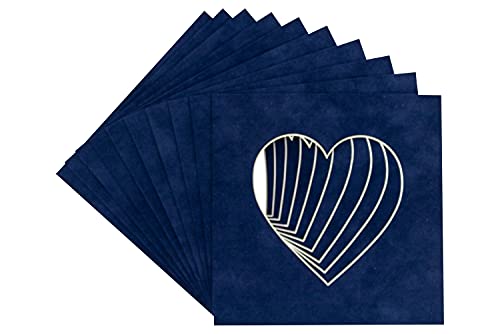 CountryArtHouse Navy Blue Suede Acid Free 8x8 Heart Picture Frame Mat with White Core Bevel Cut for 4x4 Pictures - Fits 8x8 Frame - Pack of 1 Matboard Show Kit with Acid Free Backing & Clear Bag