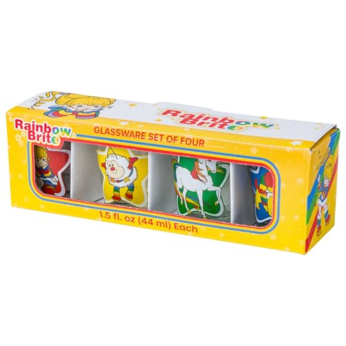 Image of Silver Buffalo Rainbow Brite 4 Piece Mini Glass Set Featuring Starlite, Twink, Rainbow Brite, and Puppy Brite, 1.5 Ounces