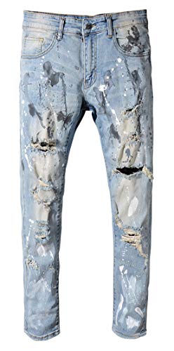 Itemnew Man's Fashion Painting Print Slim Fit Distressed Moto Ripped Denim Jeans Pants