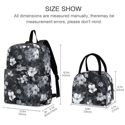 Backpack Lunch Bag Set White Black Floral Print, Big Storage Travel Backpacks with Insulated Lunch Box for Office Hiking Picnic2