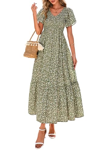 PRETTYGARDEN Boho Dresses for Women 2025 Summer Floral Short Sleeve V Neck Smocked Flowy Beach Vacation Maxi Dress