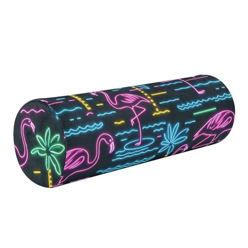 miaozhen Summer Neon Flamingo Coconut Tree 17 Inch Round Pillow Insert Decorative Bolster Pillows for Sofa Rollo Cervical para dormir 5.5''x17''